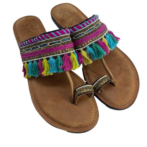 Z&L Sz 39 Boho Sandals Beaded Fringe Tassels Colorful Leather Slide Thongs Z & L - Picture 1 of 7